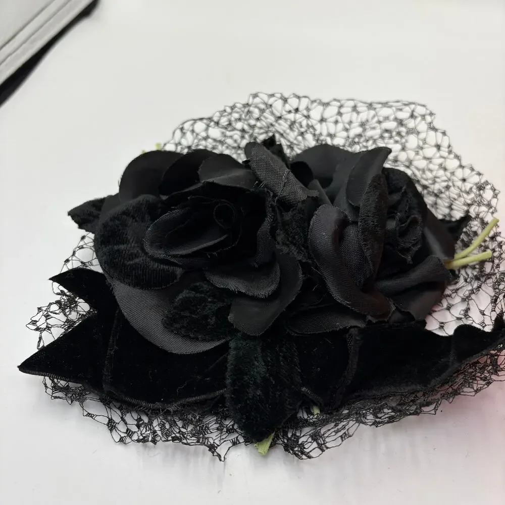Vintage Black Rose Birdcage Mesh Veil Tilt Topper Fascinator Hat & Hat Pins Lot